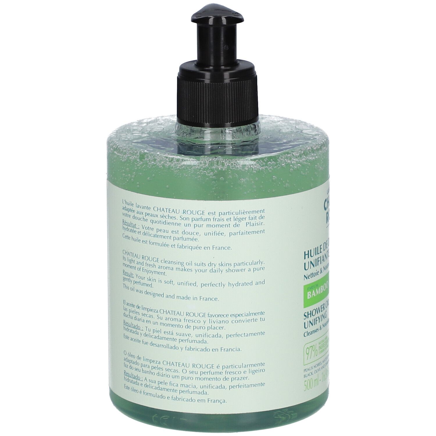 Vue arrière de la bouteille. Texte sur l'étiquette. Bouchon pompe noir. Liquide vert visible. Étiquette avec texte.