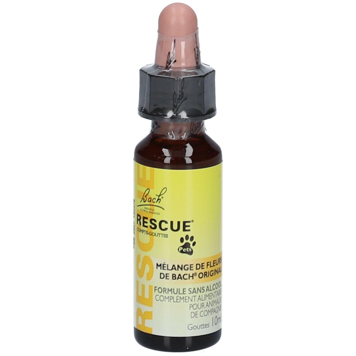 Flacon de gouttes. Inscription : Bach RESCUE Pets. Mélange de fleurs de Bach. Gouttes 10ml. Avec bouchon.