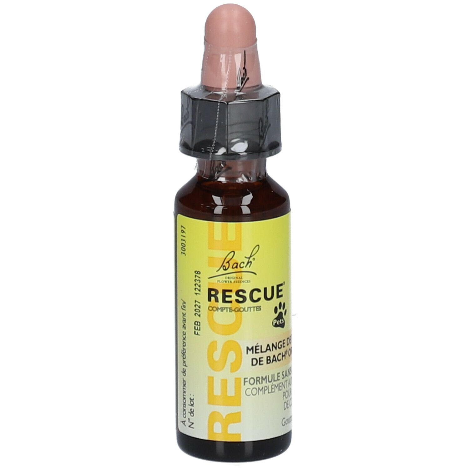 Flacon de gouttes. Inscription : Bach RESCUE Pets. Mélange de fleurs de Bach. Gouttes 10ml. Avec bouchon.