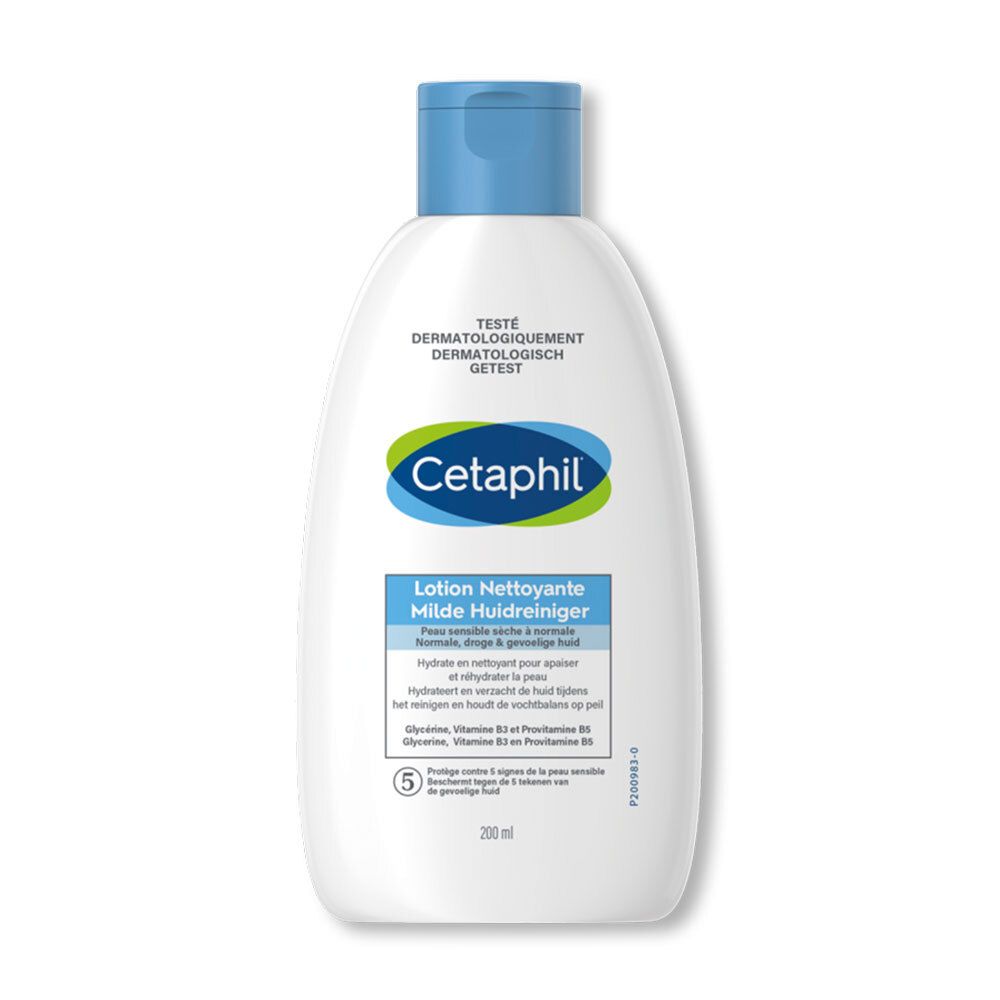 Bouteille blanche Cetaphil avec bouchon bleu. Inscription: Cetaphil, Lotion Nettoyante, Milde Huidreiniger.