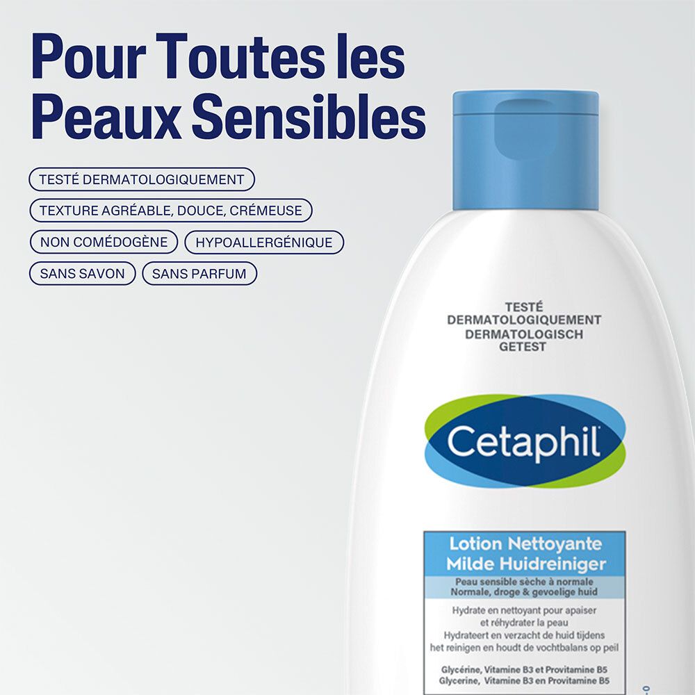 Bouteille Cetaphil avec bouchon bleu. Texte: Pour toutes les peaux sensibles. Testé dermatologiquement.