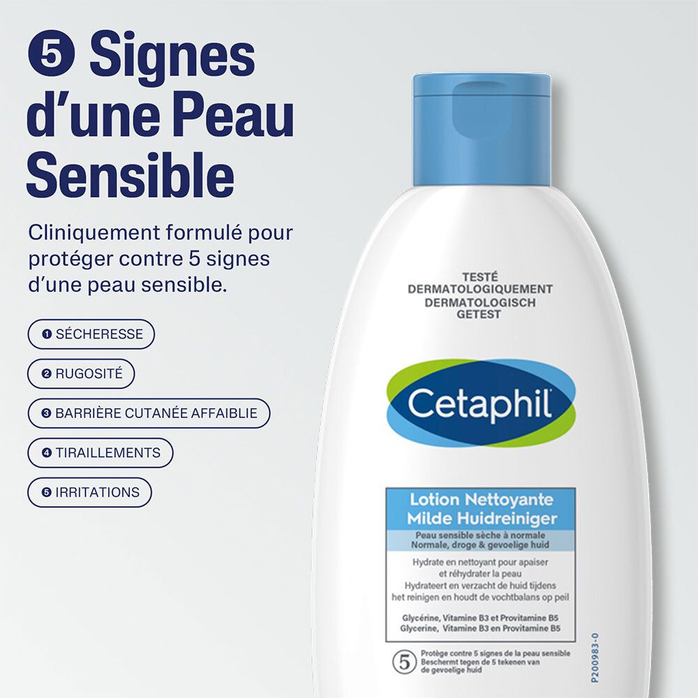 Bouteille Cetaphil avec bouchon bleu. Texte: 5 signes de peau sensible. Sécheresse, rugosité, barrière cutanée affaiblie, etc.
