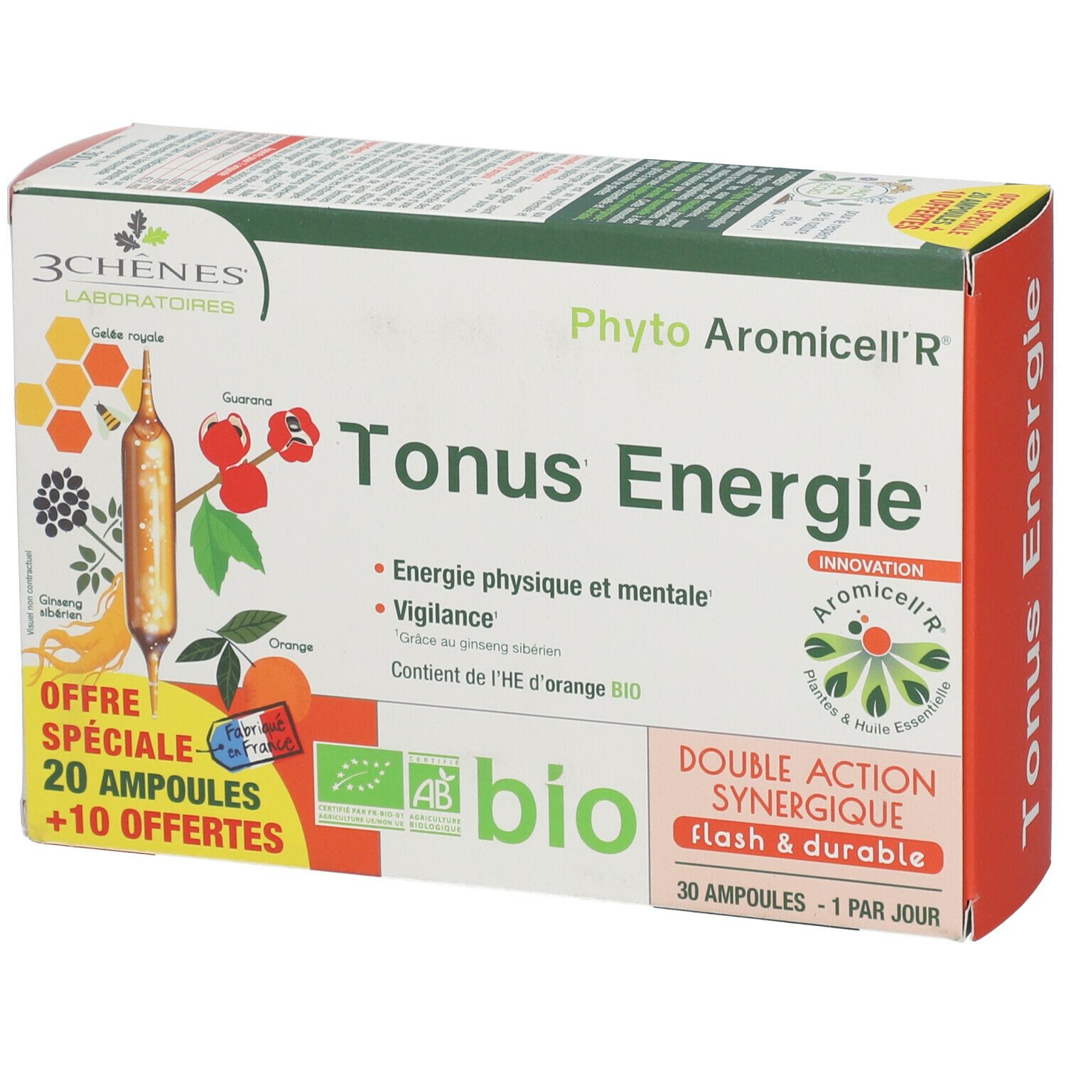 Boîte de produit avec texte: Phyto Aromicell'R Tonus Energie, label bio, 20 ampoules + 10 offertes. Illustrations de plantes et ampoule.