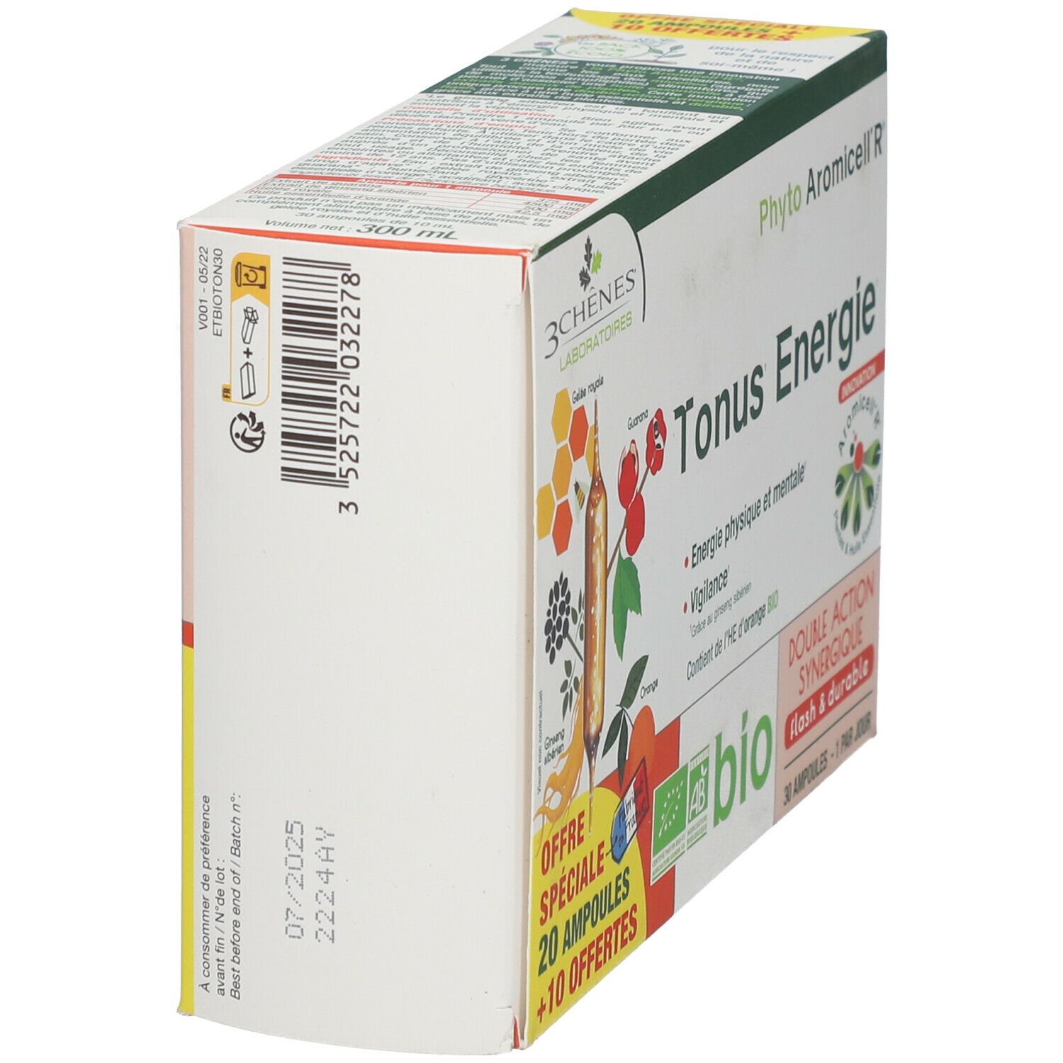 Emballage du produit, vue latérale. Texte: Phyto Aromicell'R Tonus Energie, label bio, 30 ampoules. Code-barres et date de péremption.
