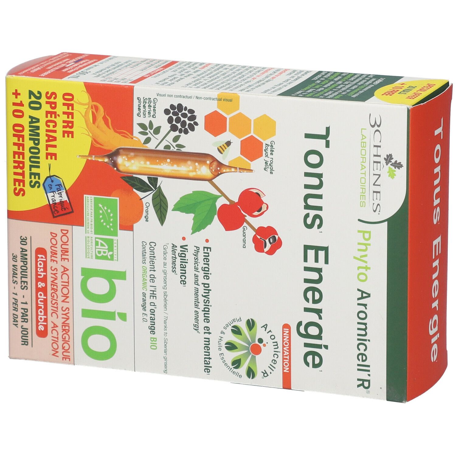 Emballage du produit, vue en biais. Texte: Phyto Aromicell'R Tonus Energie, label bio, 20 ampoules + 10 offertes. Illustrations.