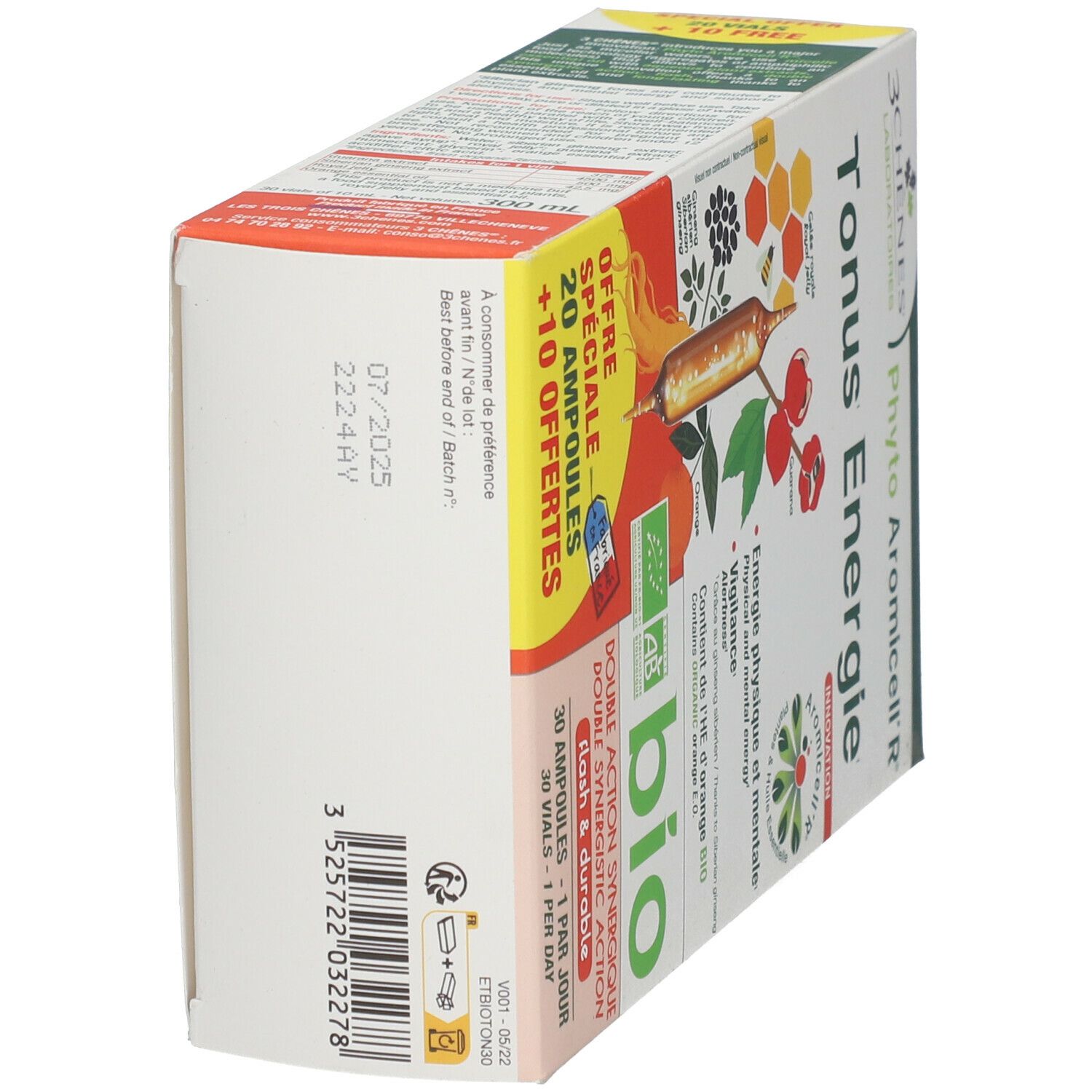 Emballage du produit, vue latérale oblique. Texte: Phyto Aromicell'R Tonus Energie, label bio, 30 ampoules. Code-barres et date.