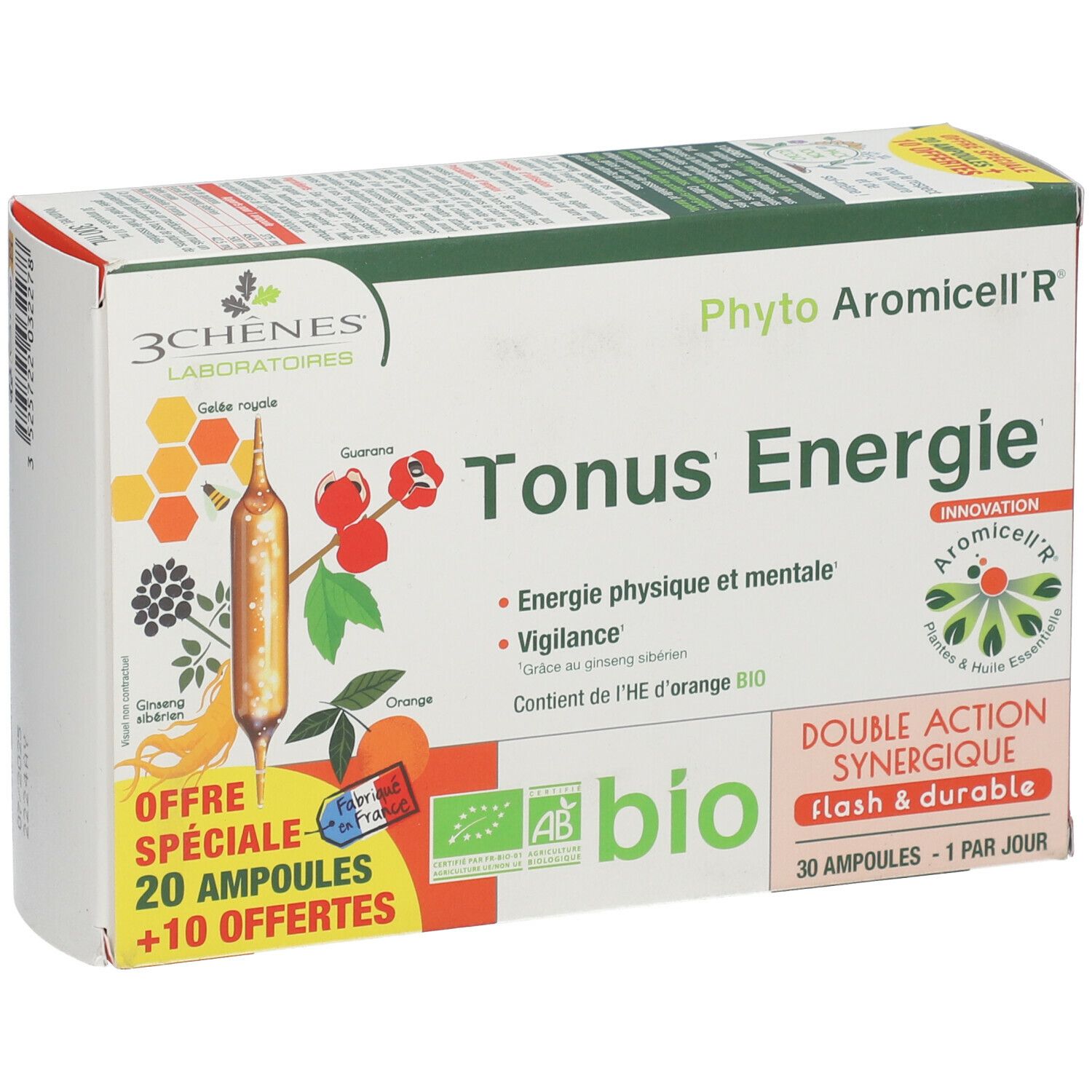 Emballage du produit. Texte: Phyto Aromicell'R Tonus Energie, label bio, 20 ampoules + 10 offertes. Illustrations de plantes et ampoule.