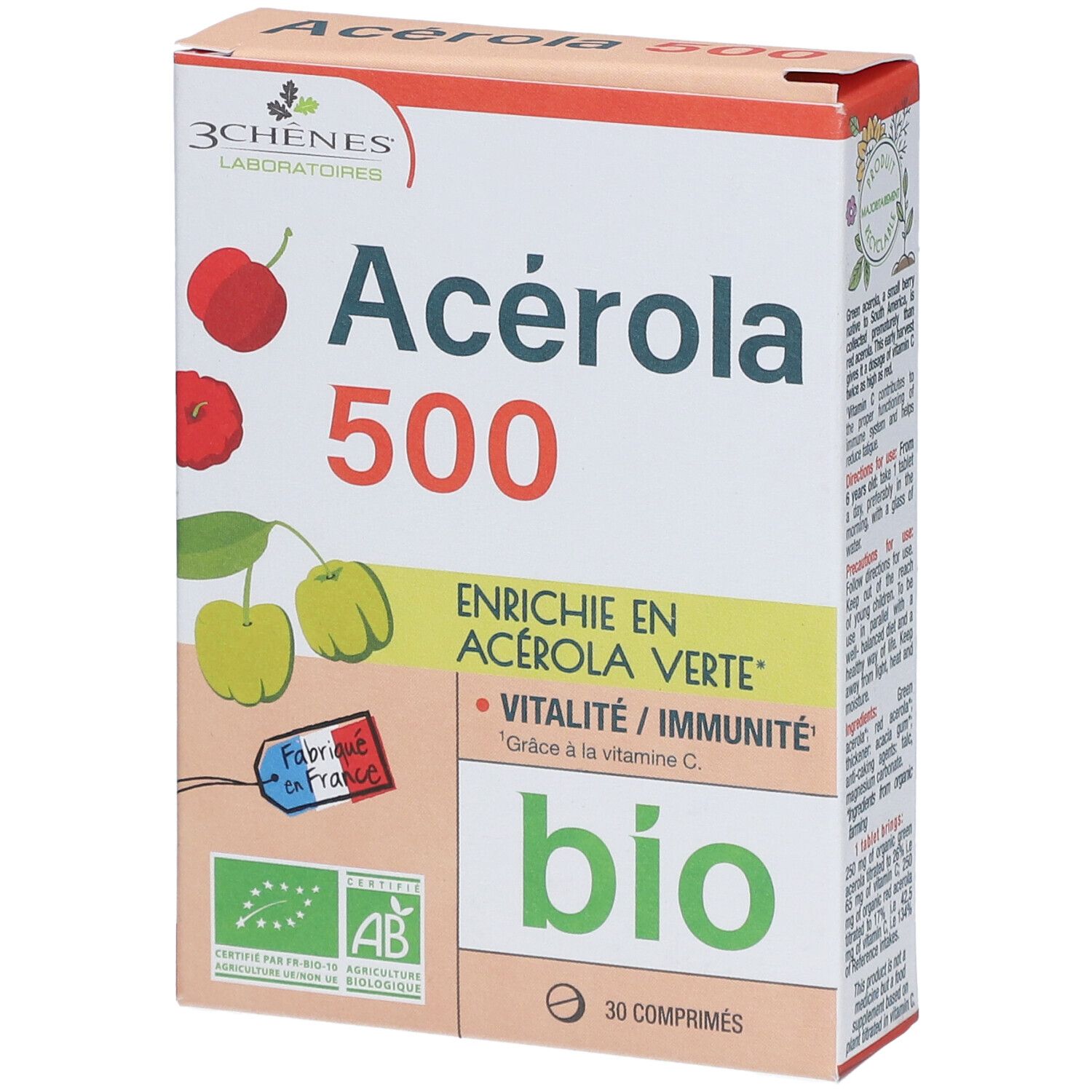 Boîte de compléments Acerola 500 Bio. Inscriptions: 3 Chênes, Acerola, label bio, 30 comprimés, Fabriqué en France.