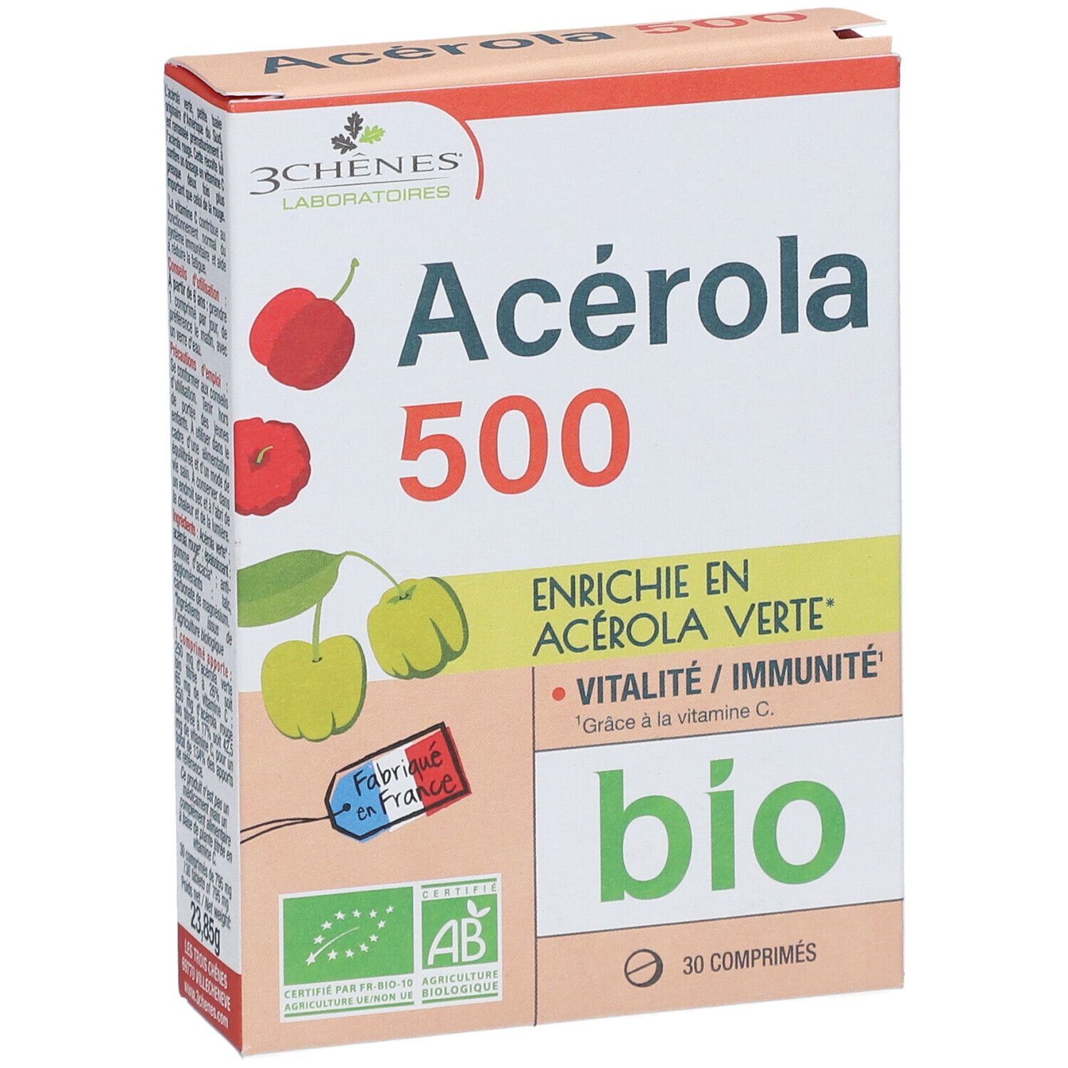 Boîte de compléments Acerola 500 Bio. Inscriptions: 3 Chênes, Acerola, label bio, 30 comprimés, Fabriqué en France.