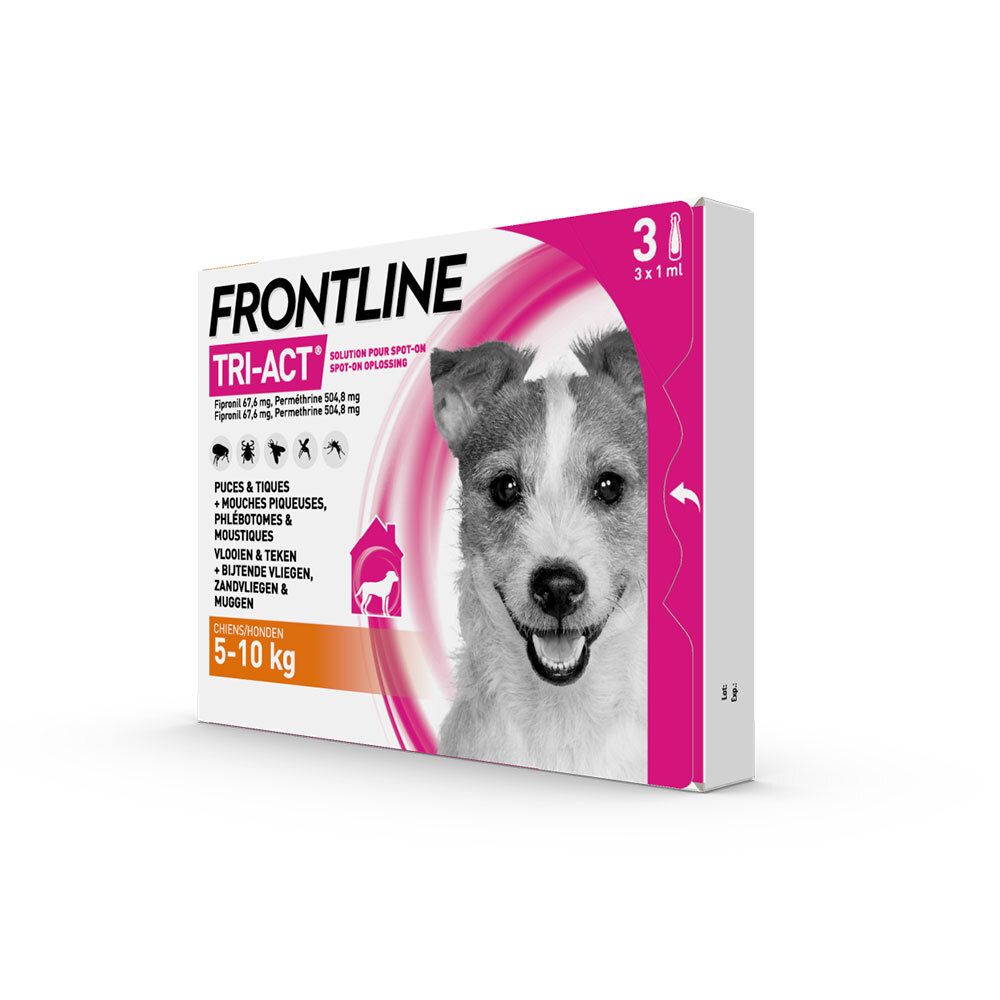 Emballage FRONTLINE TRI-ACT pour chiens 5-10 kg. Contient 3 pipettes. Image de chien. Emballage rose et blanc.