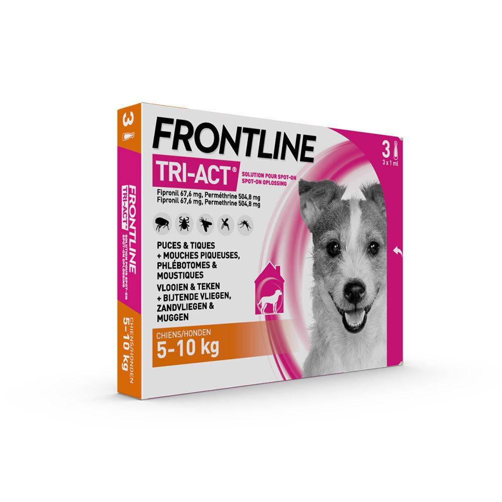 Emballage FRONTLINE TRI-ACT pour chiens 5-10 kg. Contient 3 pipettes. Image de chien. Emballage rose et blanc.