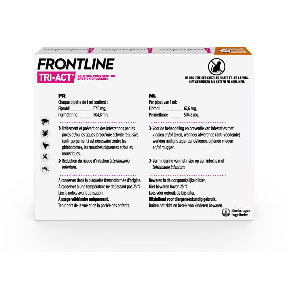 Dos de l'emballage FRONTLINE TRI-ACT. Informations en français et néerlandais. Avertissement : Ne pas utiliser chez les chats.