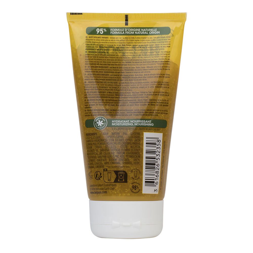 Dos d'un tube jaune. Texte: Ingrédients, formule 95% d'origine naturelle. Avec bouchon blanc.