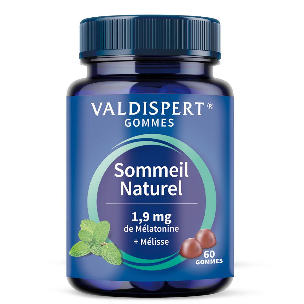 Flacon bleu de Valdispert Gommes Sommeil Naturel. Inscription : 1,9 mg de Mélatonine + Mélisse, 60 gommes.