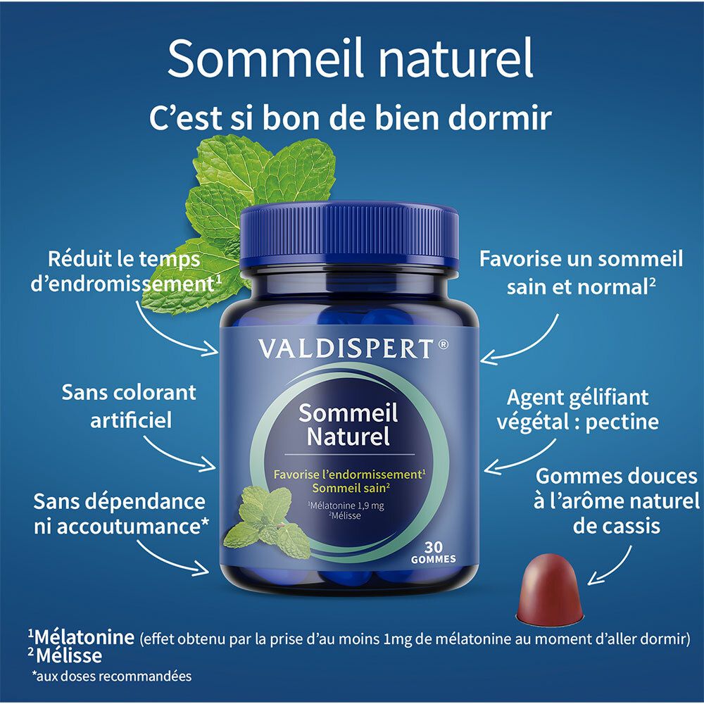 Visuel produit Valdispert Sommeil Naturel. Texte : Réduit le temps d'endormissement, favorise un sommeil sain. 30 gommes.