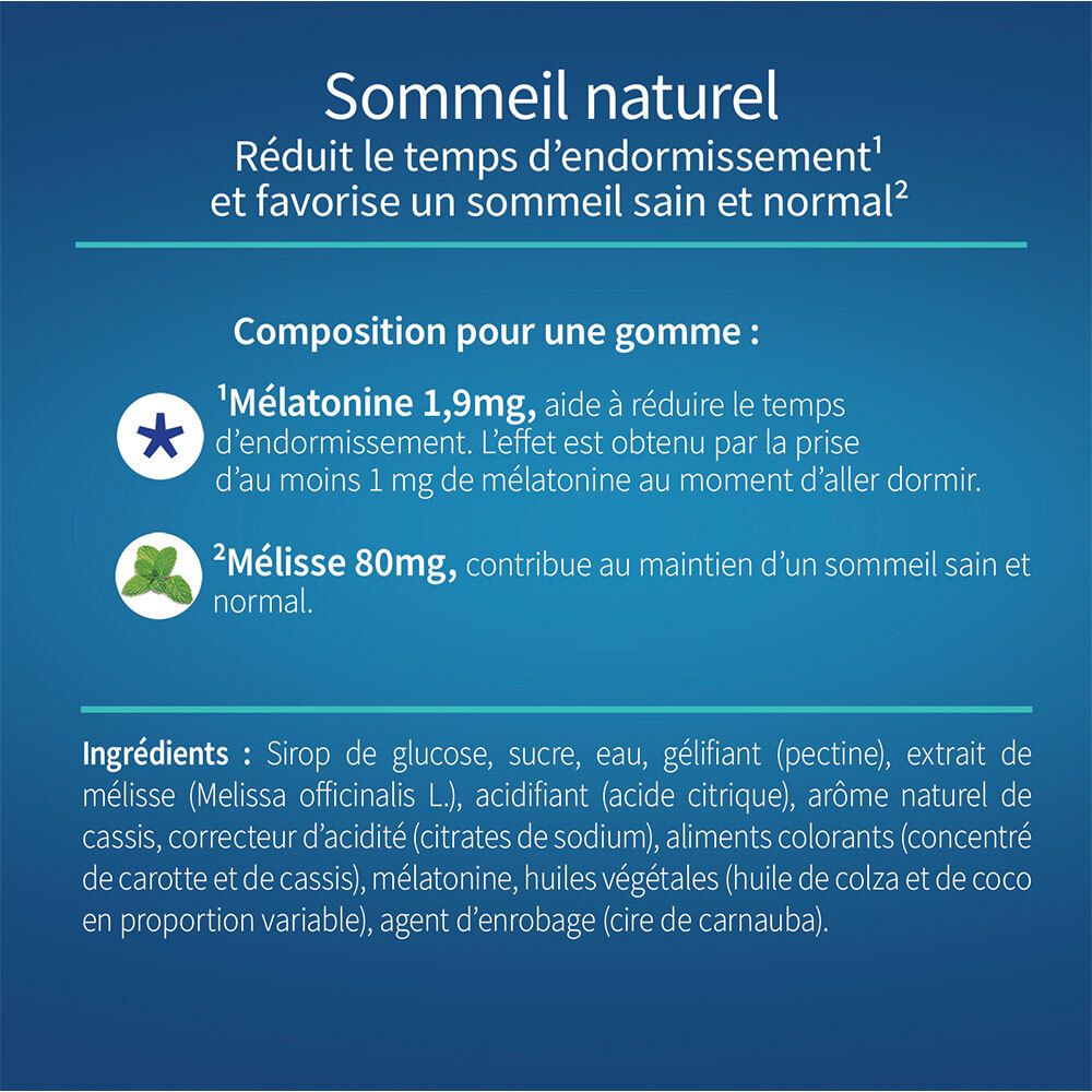 Texte sur Valdispert Sommeil Naturel. Ingrédients : Mélatonine 1,9mg, Mélisse 80mg. Liste des ingrédients.