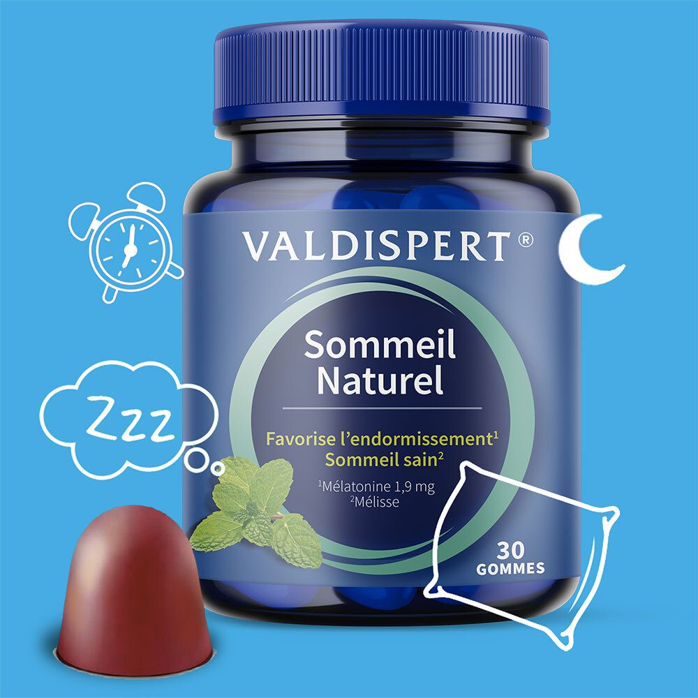 Flacon bleu Valdispert Sommeil Naturel avec 30 gommes. Illustrations : horloge, lune, Zzz, oreiller.