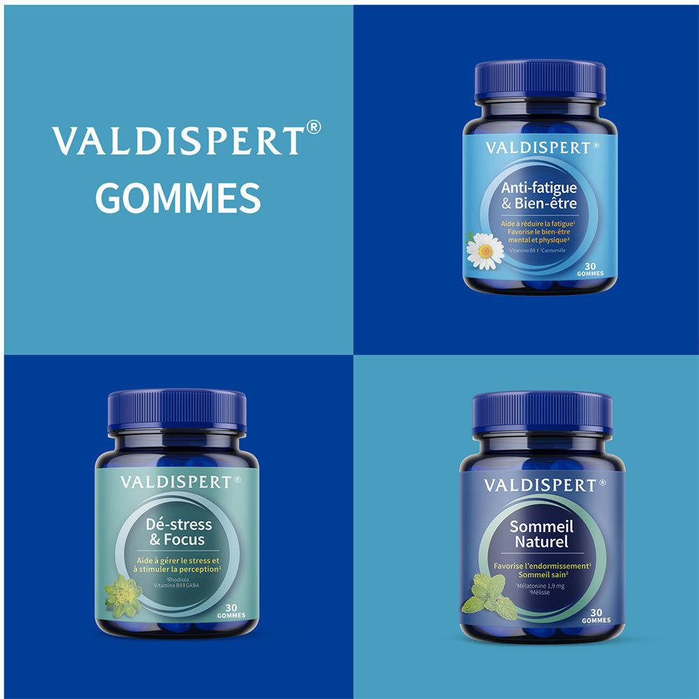 Gamme Valdispert Gommes : Anti-Fatigue & Bien-Être, Dé-stress & Focus, Sommeil Naturel.