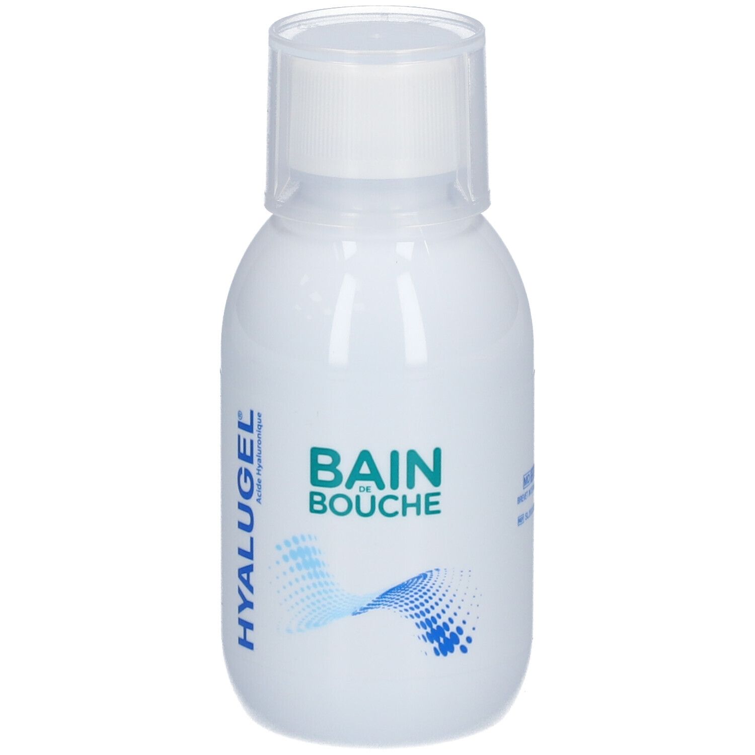 Flacon blanc avec bouchon blanc. Inscription: HYALUGEL, BAIN DE BOUCHE. Graphique vagues bleues.