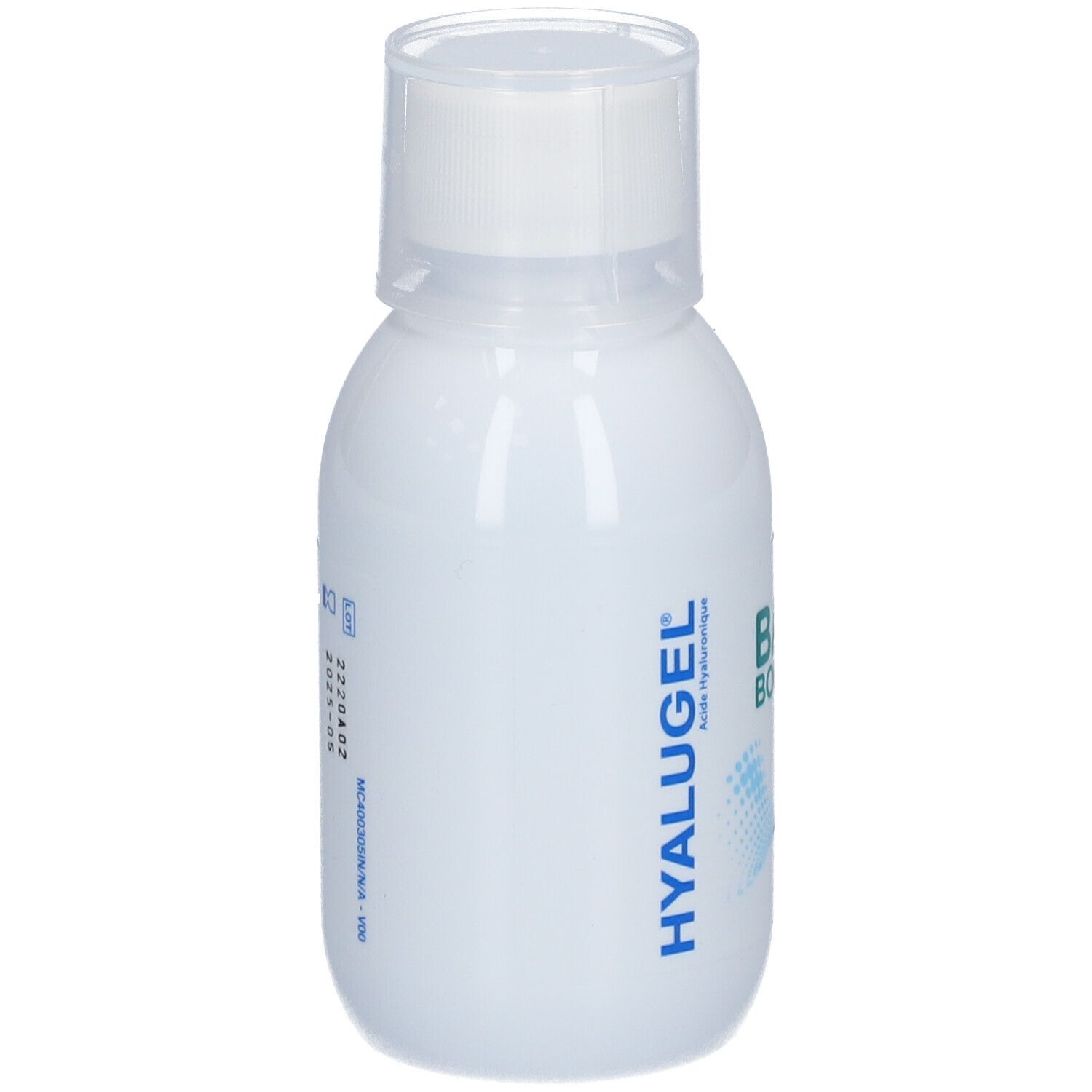 Flacon blanc avec bouchon blanc. Inscription: HYALUGEL, BAIN DE BOUCHE. Étiquette avec texte.