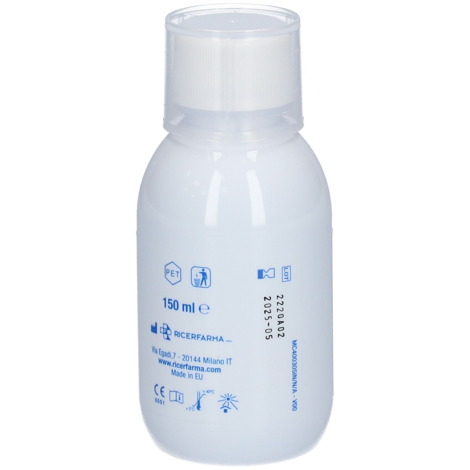Flacon blanc avec bouchon blanc. Inscription: 150 ml, logos. Dos avec texte et symboles.