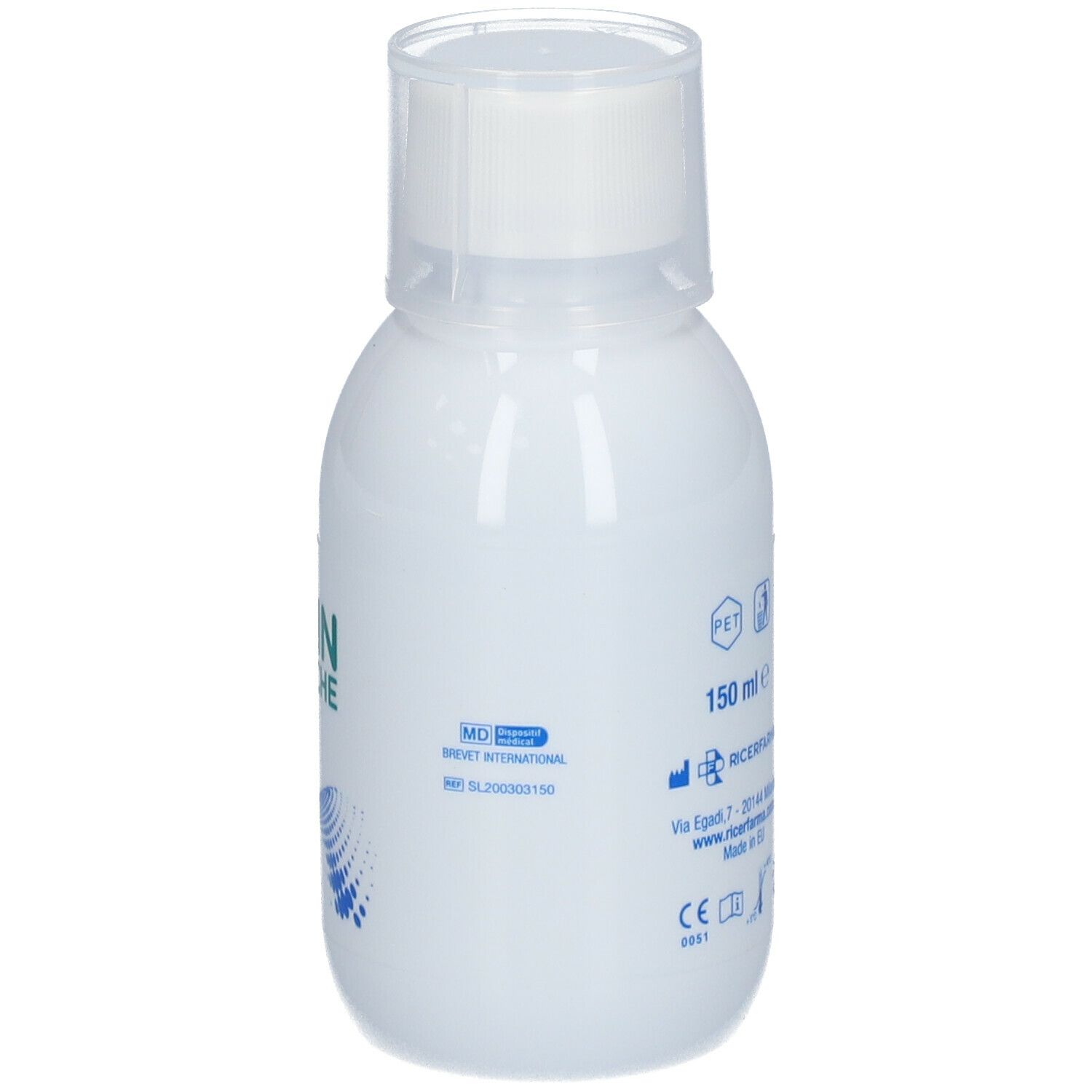 Flacon blanc avec bouchon blanc. Inscription: 150 ml, logos. Dos avec texte et symboles.