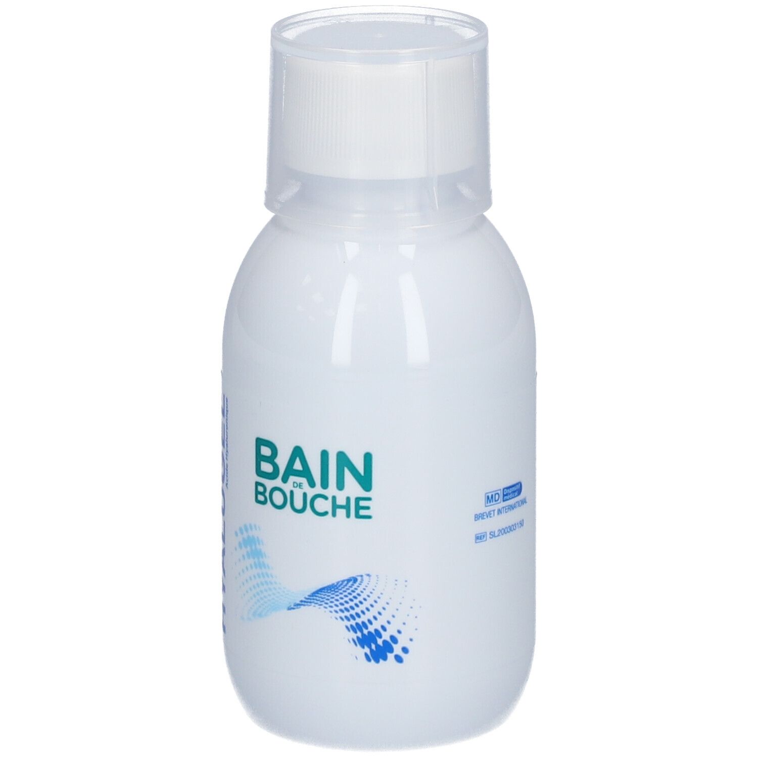 Flacon blanc avec bouchon blanc. Inscription: BAIN BOUCHE. Graphique vagues bleues.