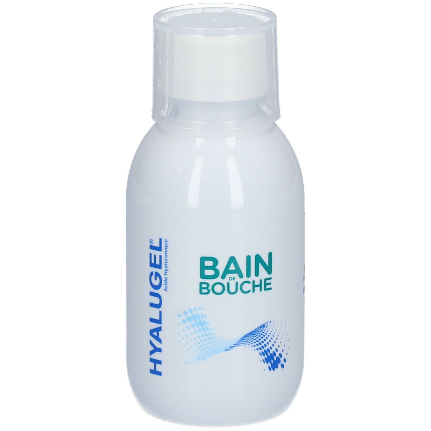 Flacon blanc avec bouchon blanc. Inscription: HYALUGEL, BAIN BOUCHE. Graphique vagues bleues.