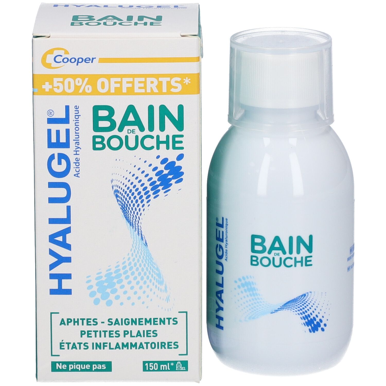 Emballage et flacon. Emballage: HYALUGEL, BAIN DE BOUCHE. Flacon: BAIN DE BOUCHE.