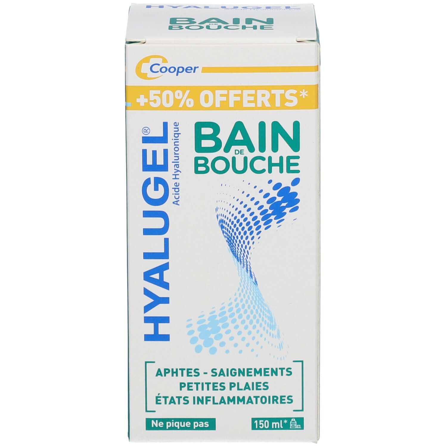 Emballage du produit. Inscription: HYALUGEL, BAIN DE BOUCHE. Texte et logos.