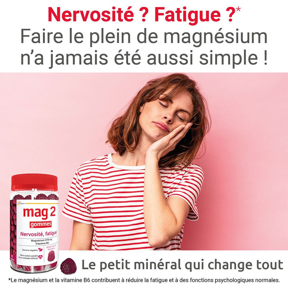 MAG 2 Gommes framboise à base de magnésium et vitamine B6 - complément alimentaire – 45 gummies