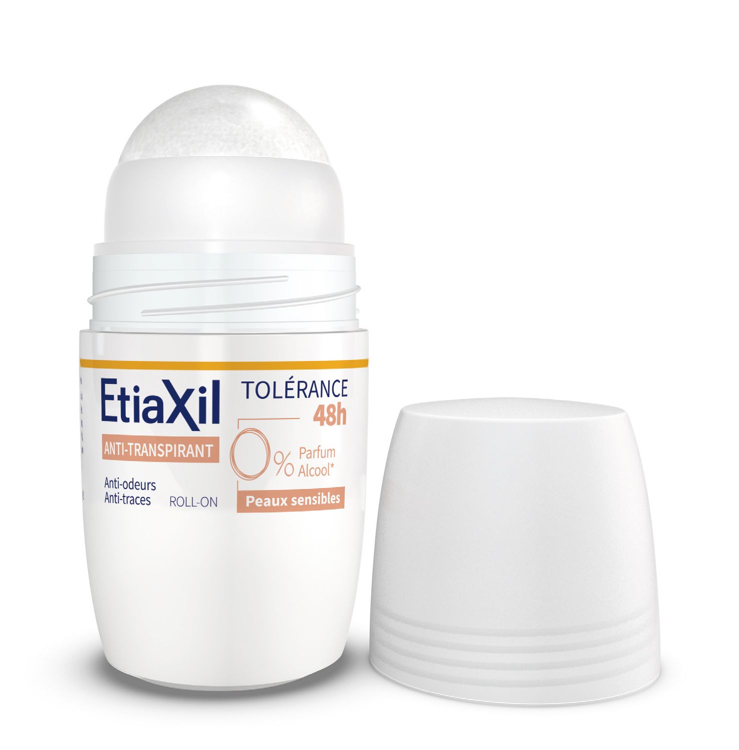 Roll-on blanc avec capuchon ouvert. Texte : Etiaxil, Anti-Transpirant, Tolérance 48h, 0% Parfum Alcool, Peaux sensibles.