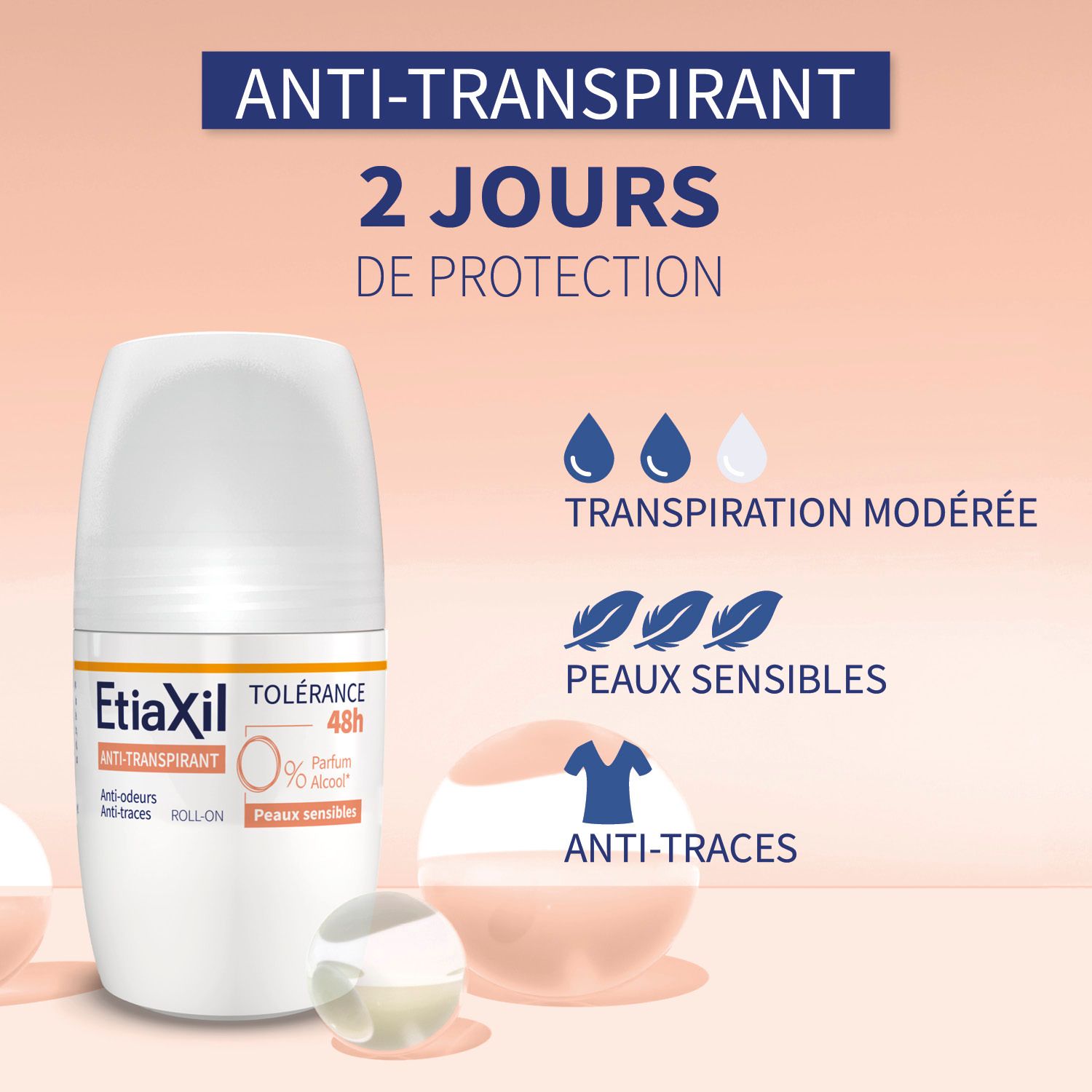 Visuel produit avec texte : Anti-Transpirant, 2 jours de protection, Transpiration modérée, Peaux sensibles, Anti-traces.