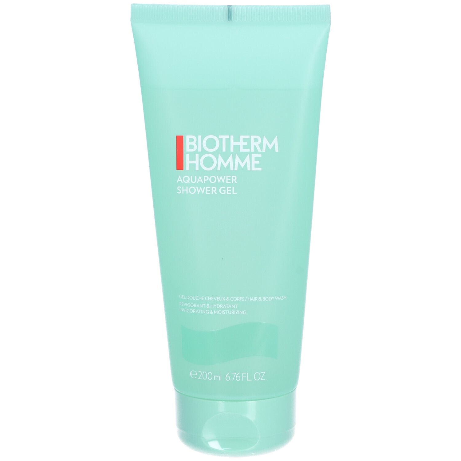 Tube turquoise avec texte Biotherm Homme Aquapower Shower Gel en blanc et rouge. Inscription "e 200ml 6.76 FL. OZ." en bas.