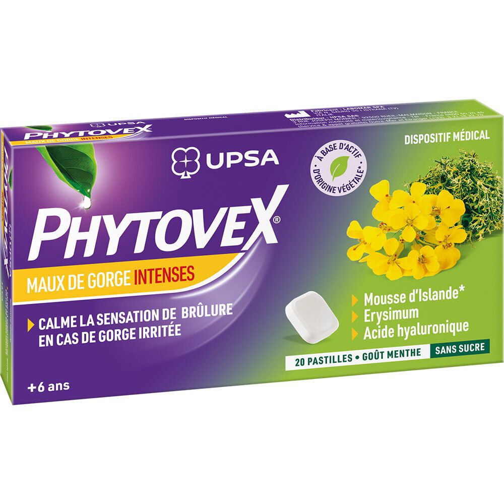 Boîte de Phytovex Maux de Gorge Intenses. 20 pastilles, goût menthe. Dispositif médical. Sans sucre.