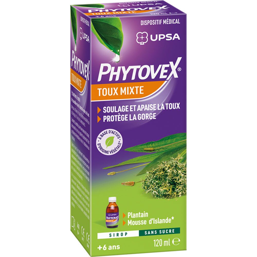 Boîte en carton avec image du produit. Emballage violet et vert avec nom et texte du produit. Contient un flacon de sirop contre la toux.