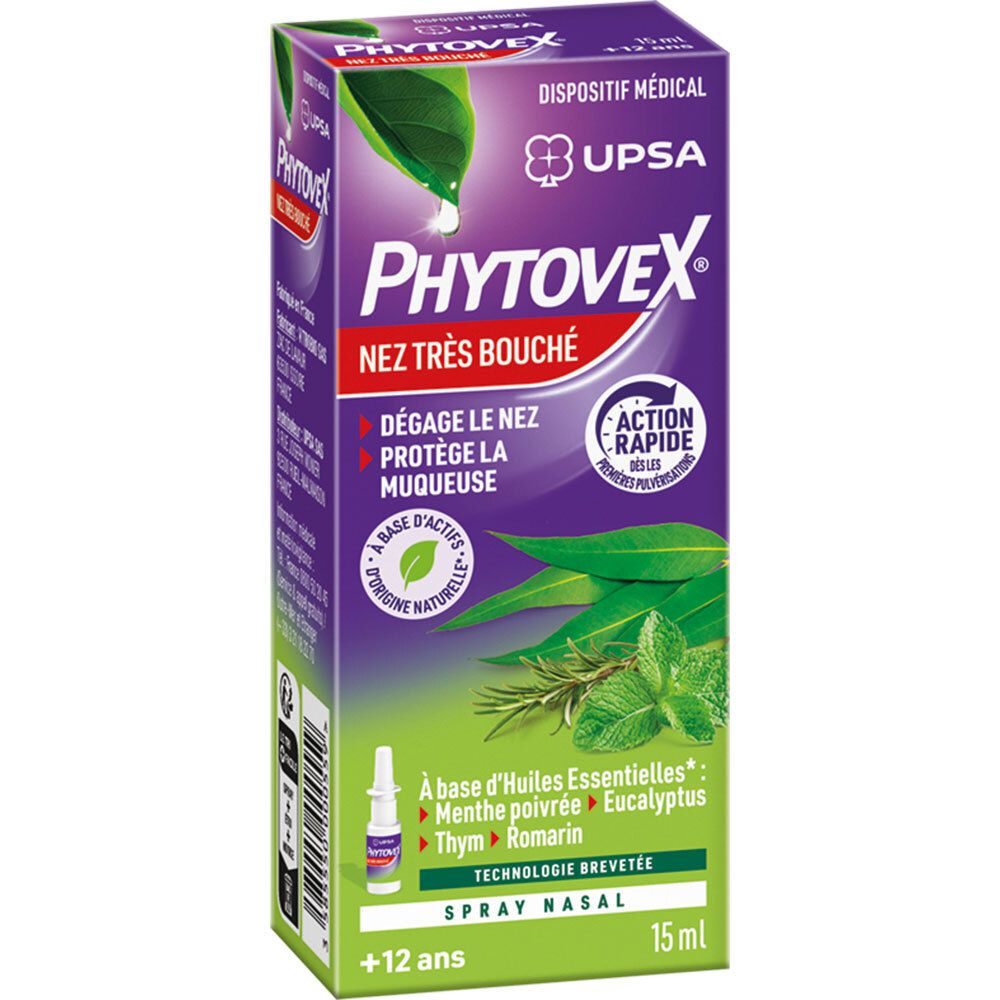 Boîte violette Phytovex Nez Très Bouché. Contient un spray nasal et des feuilles vertes. Marque UPSA.