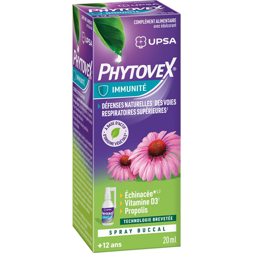Boîte Phytovex Immunité, spray buccal. Ingrédients : Echinacée, vitamine D3, propolis. Pour +12 ans. Complément alimentaire.