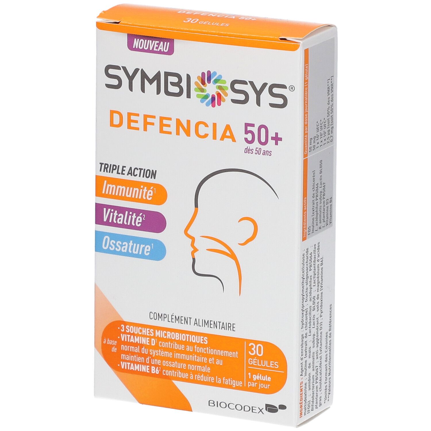 Boîte SYMBIOSYS Defencia 50+. Triple action : Immunité, Vitalité, Ossature. 30 gélules. BIODECOX.