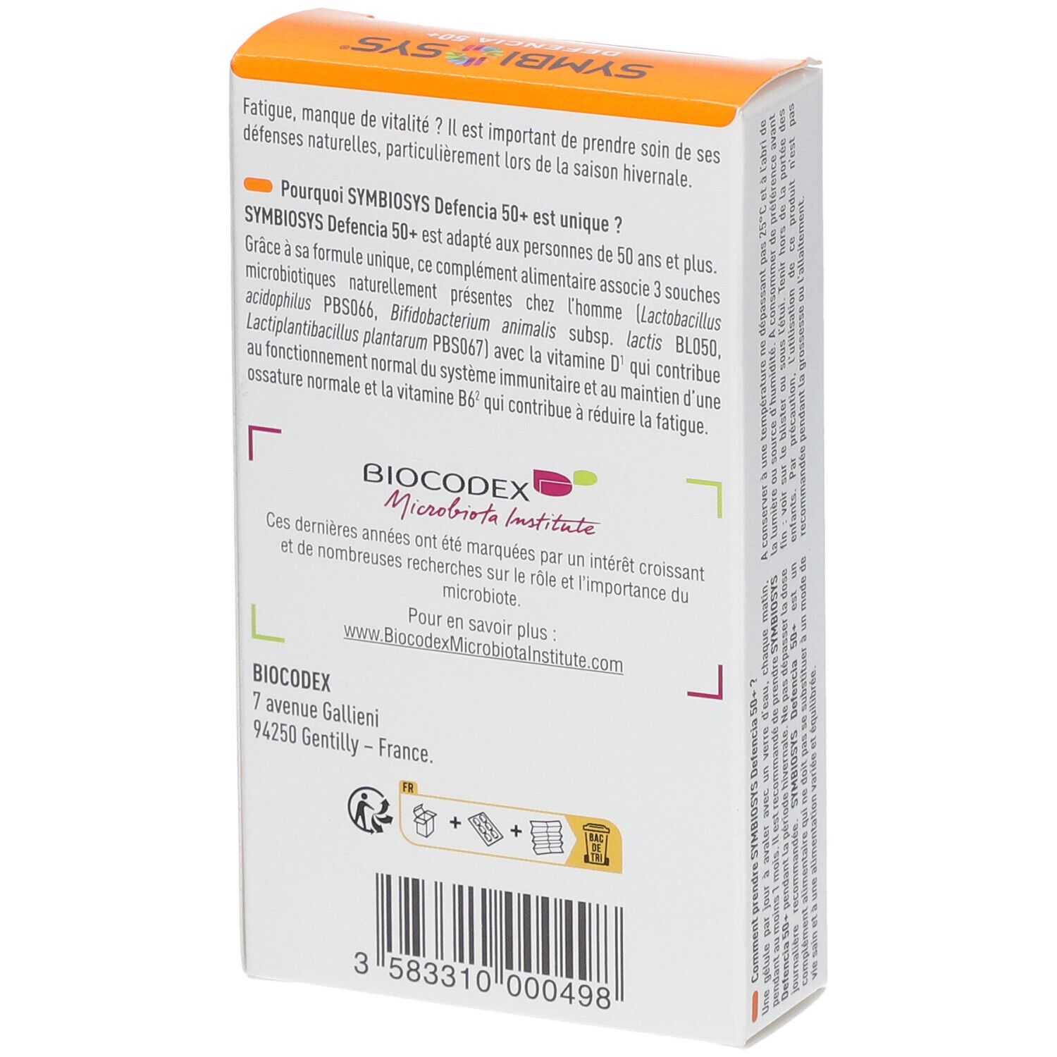 Dos de la boîte SYMBIOSYS Defencia 50+. Texte sur les ingrédients et le fabricant. BIODECOX.