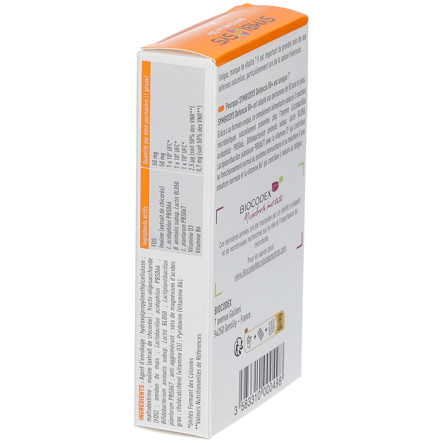 Côté de la boîte SYMBIOSYS Defencia 50+. Ingrédients et informations nutritionnelles. BIODECOX.