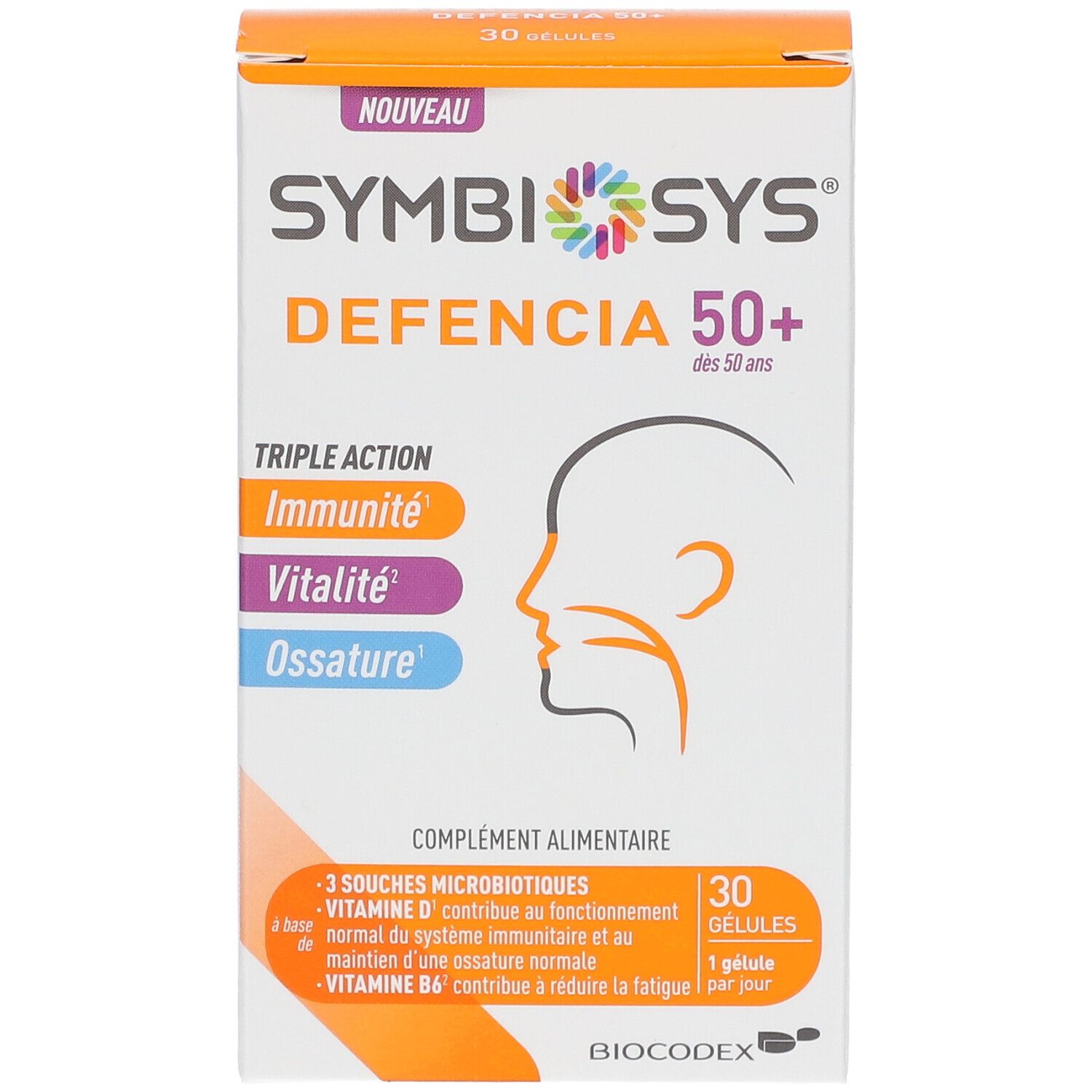 Boîte SYMBIOSYS Defencia 50+. Triple action : Immunité, Vitalité, Ossature. 30 gélules. BIODECOX.
