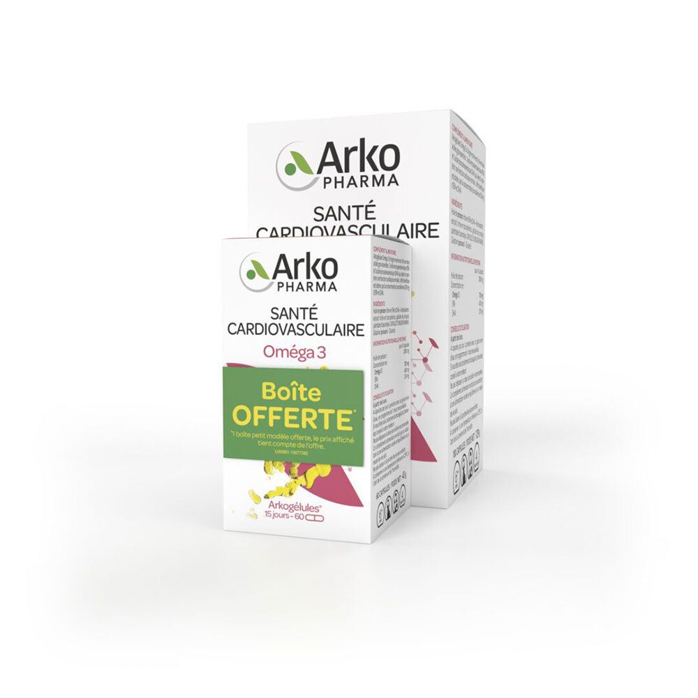 Deux boîtes ArkoPharma Oméga 3 Santé Cardiovasculaire, une grande et une petite.