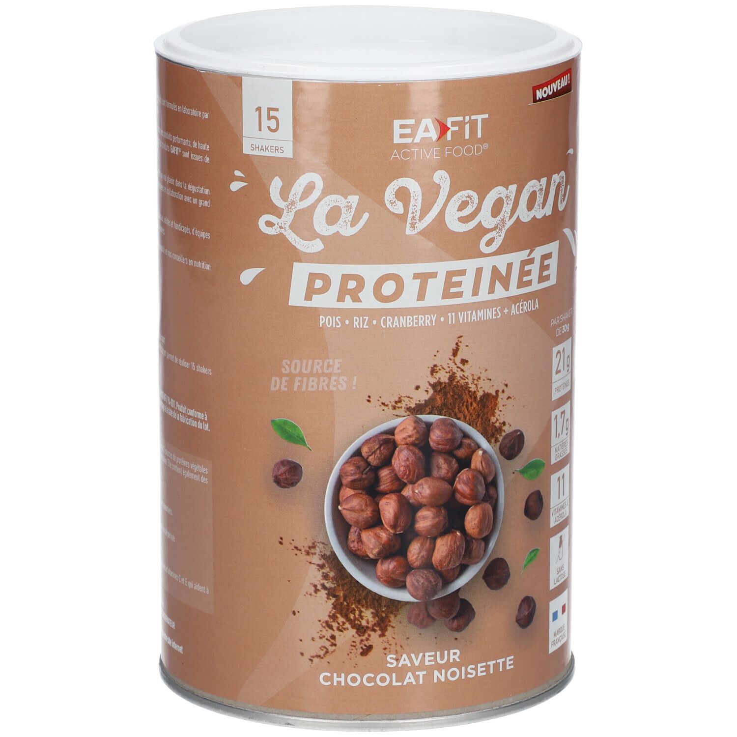 Avant d'une boîte EA-FIT La Vegan Protéinée Chocolat Noisette. Montre des noisettes, poudre de cacao et informations produit.