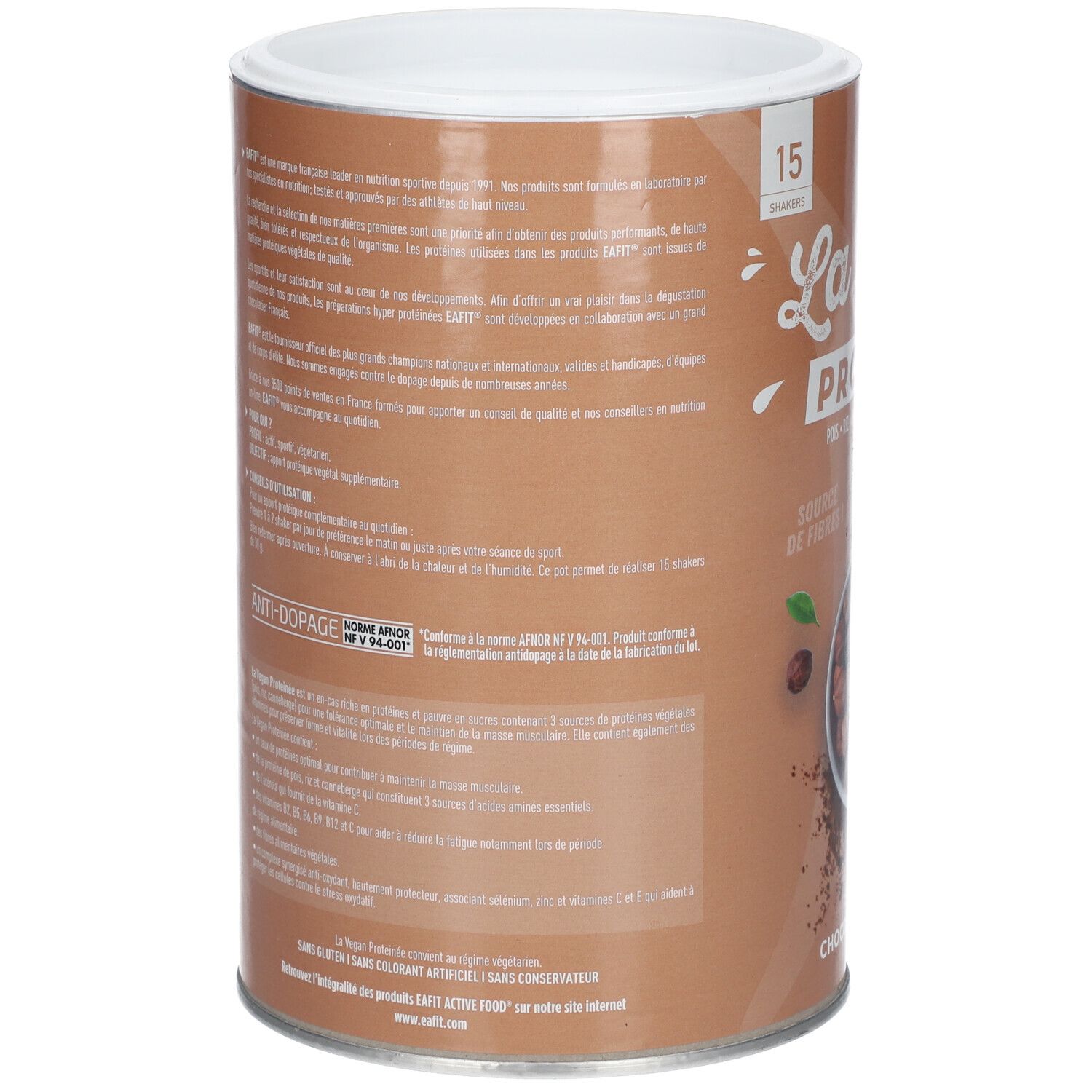 Boîte brune avec informations sur EA-FIT La Vegan Protéinée Chocolat Noisette. Contient des informations nutritionnelles et d'utilisation.