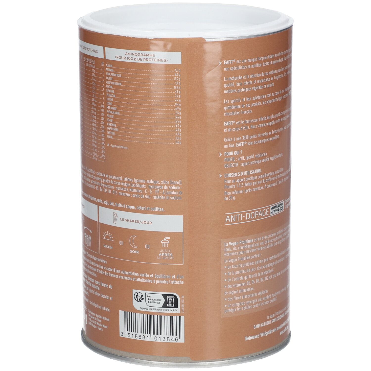 Arrière d'une boîte brune avec tableau nutritionnel et conseils d'utilisation pour EA-FIT La Vegan Protéinée Chocolat Noisette.
