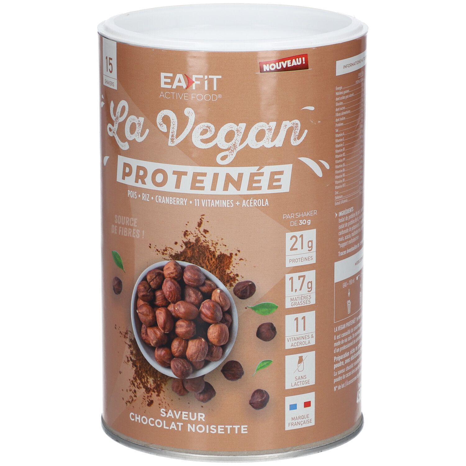 Avant d'une boîte EA-FIT La Vegan Protéinée Chocolat Noisette. Montre des noisettes, poudre de cacao et informations produit.