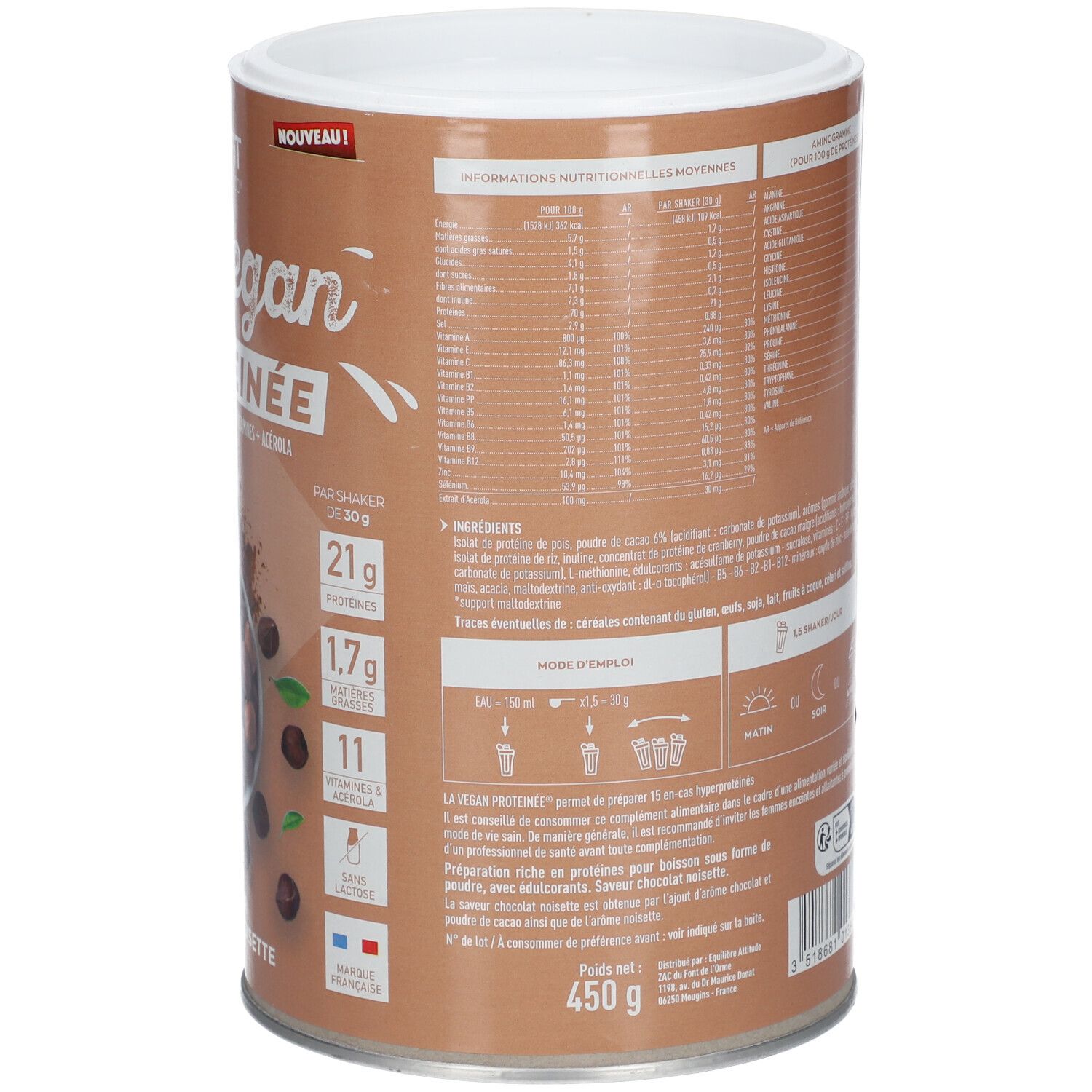 Avant d'une boîte EA-FIT La Vegan Protéinée Chocolat Noisette. Montre des noisettes, poudre de cacao et informations produit.
