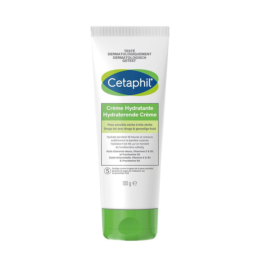 Tube blanche, bouchon vert. Inscription Cetaphil, Crème Hydratante. Pour peaux sèches. 100g.
