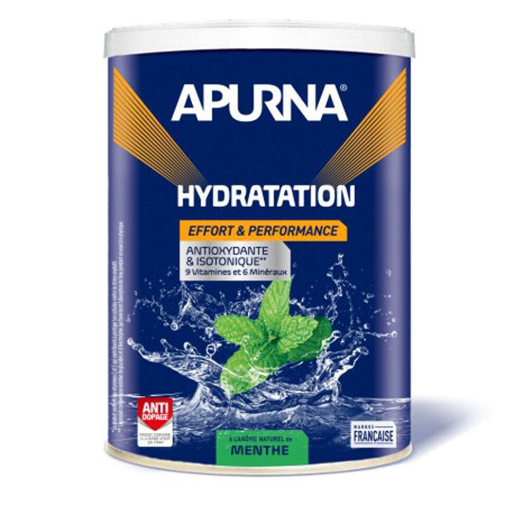 Boisson d'hydratation APURNA, saveur menthe. Contient antioxydants et vitamines. Emballage cylindrique bleu et blanc.